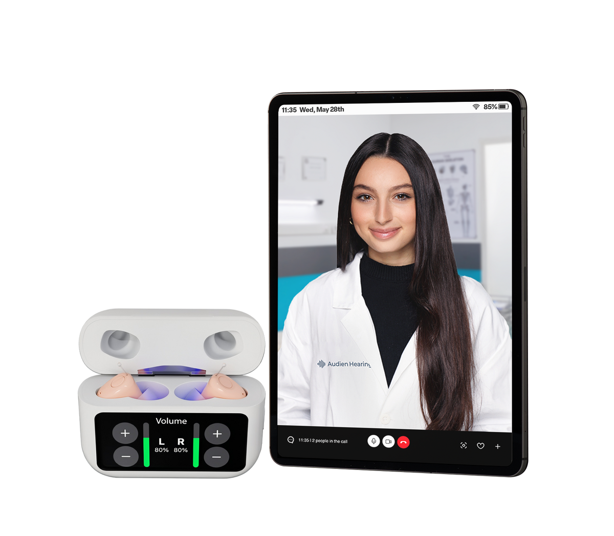 Tablet displaying a doctor on a video call with a set of earbuds next to it.