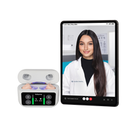 Tablet displaying a doctor on a video call with a set of earbuds next to it.