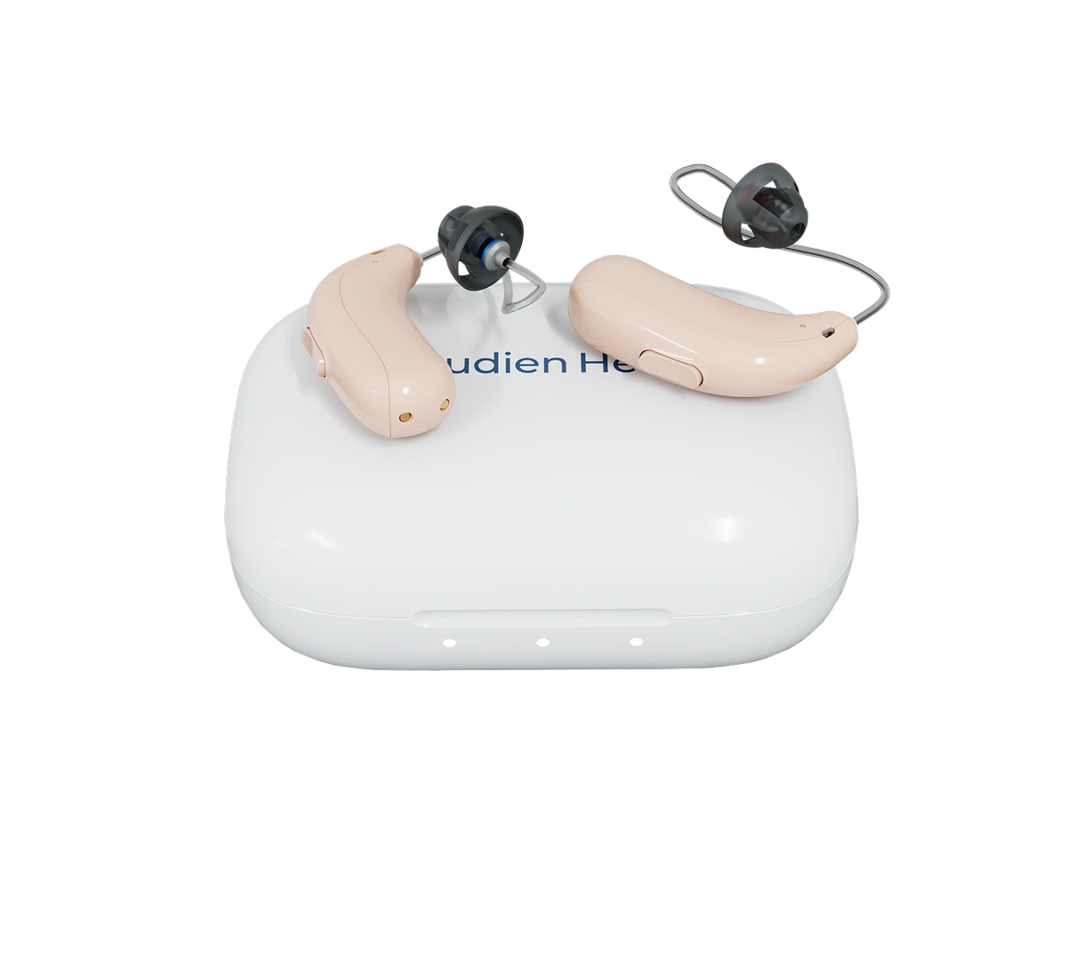 A pair of beige behind-the-ear hearing aids resting on a white charging case, with black ear tips visible. The case has partial blue branding text that reads 'udien He.