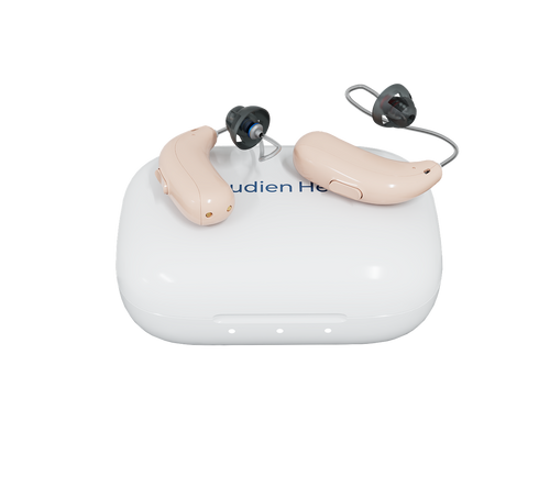 A pair of beige behind-the-ear hearing aids resting on a white charging case, with black ear tips visible. The case has partial blue branding text that reads 'udien He.