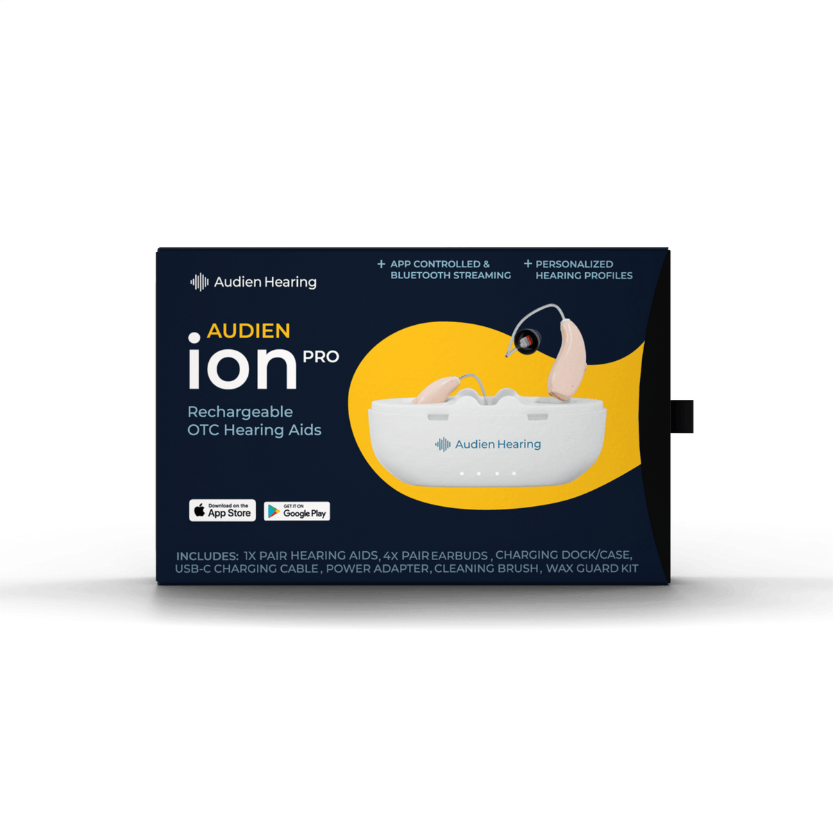 Retail packaging of Audien Ion Pro rechargeable OTC hearing aids with product image on box