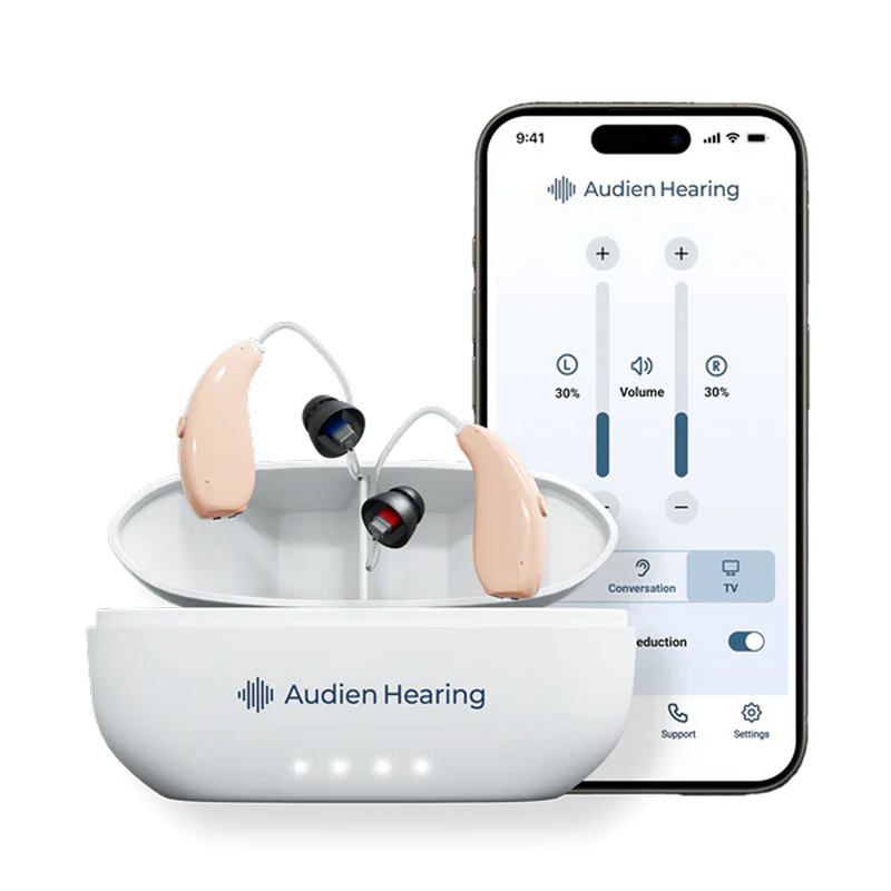 Audien Hearing device with charging case and smartphone app interface on a white background