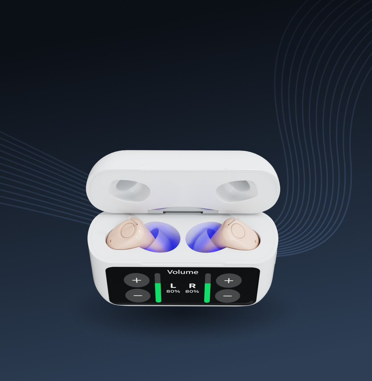 Wireless earbuds in a charging case with control panel on a dark background